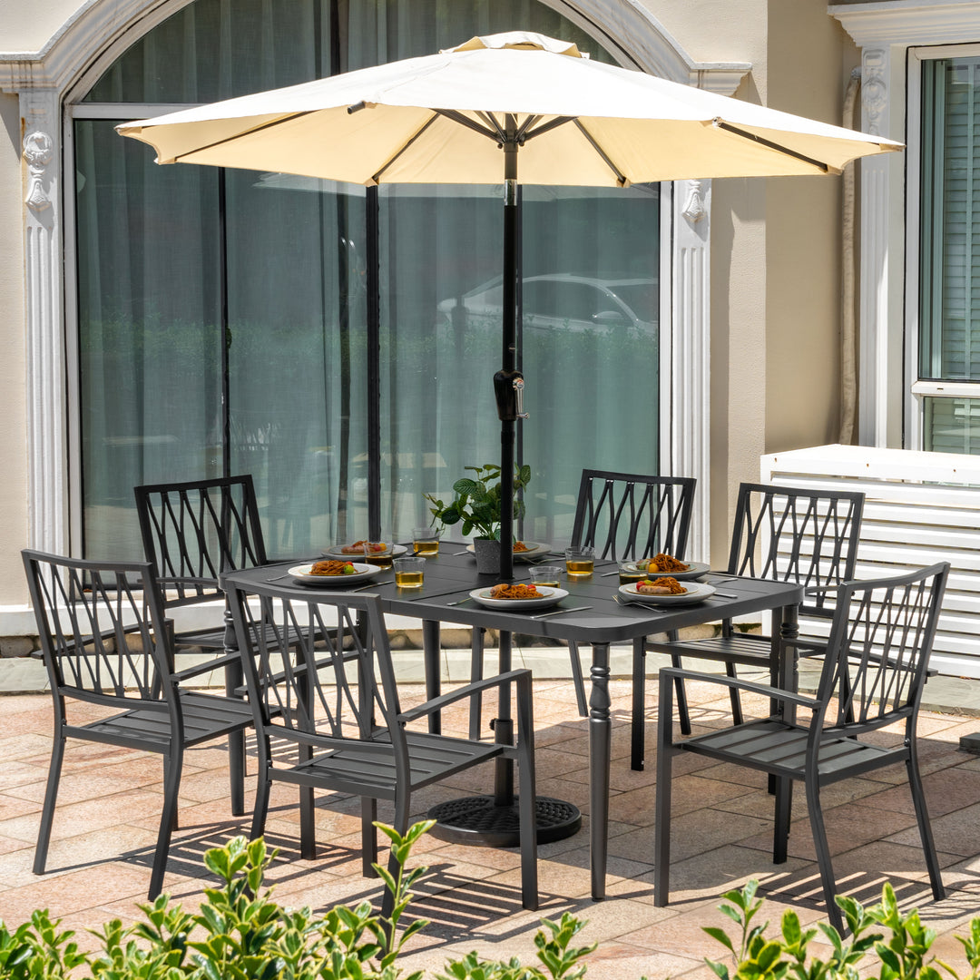 Patio Metal Dining Set with 6 Stackable Chairs and Umbrella Hole, Black