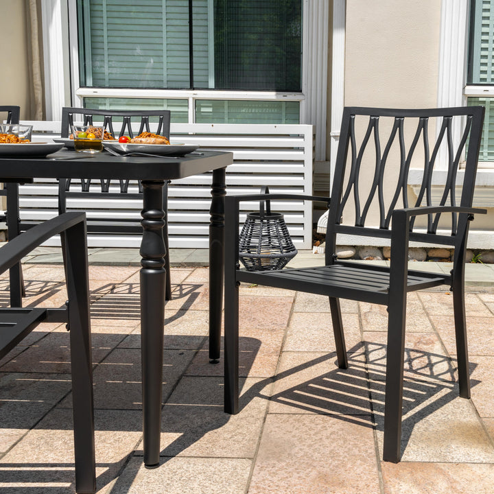 Patio Metal Dining Set with 6 Stackable Chairs and Umbrella Hole, Black