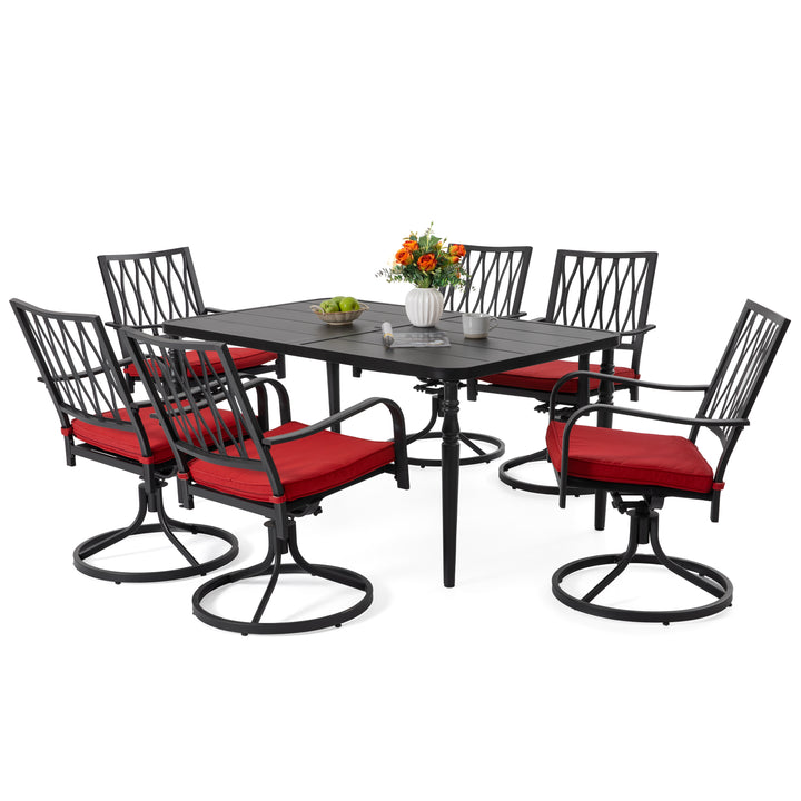 Patio Metal Dining Set with 6 Swivel Chairs and Umbrella Hole, Black