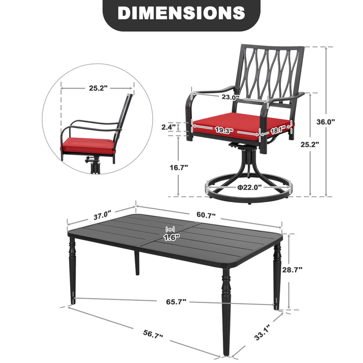 Patio Metal Dining Set with 6 Swivel Chairs and Umbrella Hole, Black