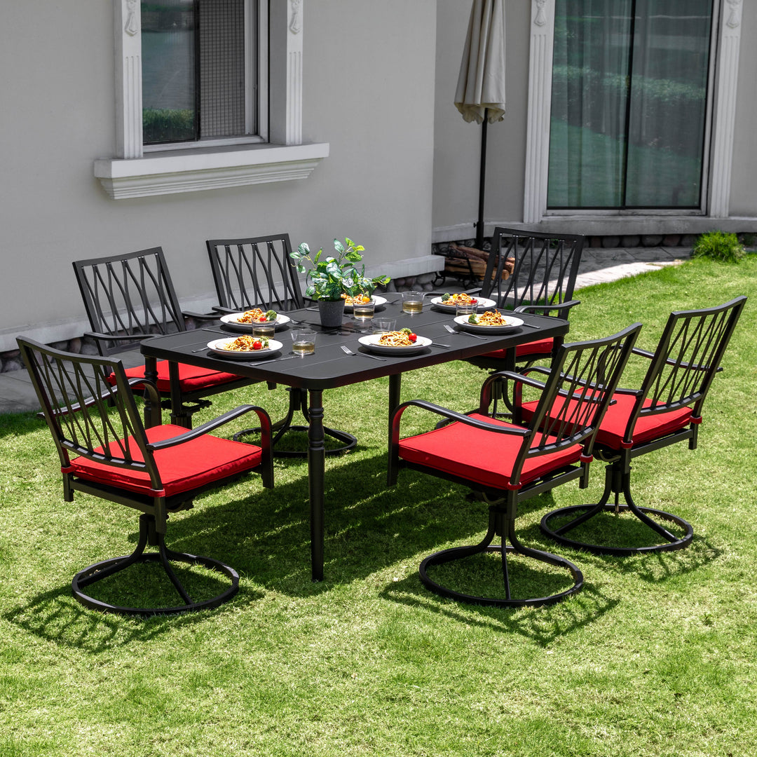 Patio Metal Dining Set with 6 Swivel Chairs and Umbrella Hole, Black
