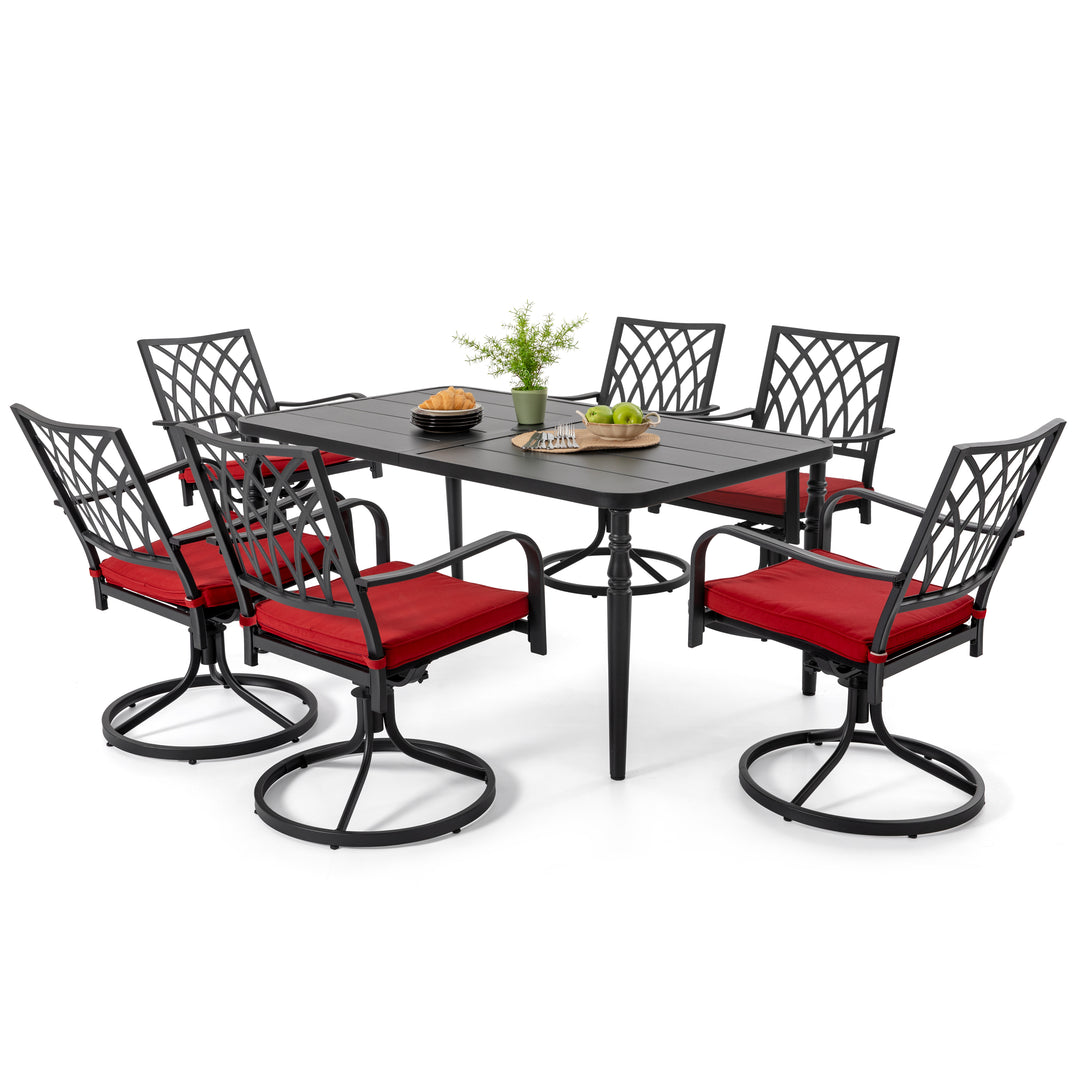 Patio Metal Swivel Dining Set of 7 with Zippered Cushions and Umbrella Hole