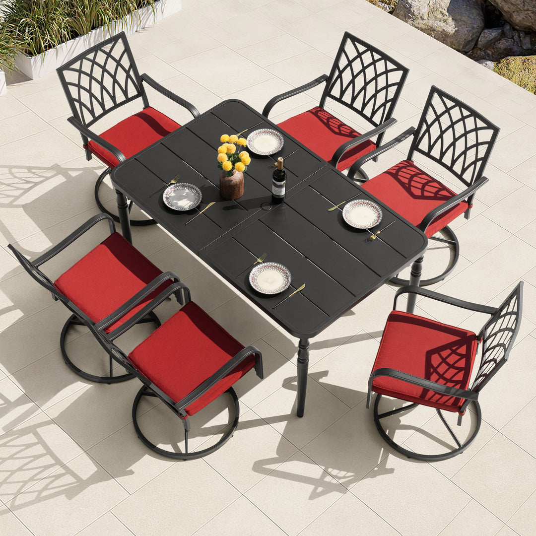 Patio Metal Swivel Dining Set of 7 with Zippered Cushions and Umbrella Hole