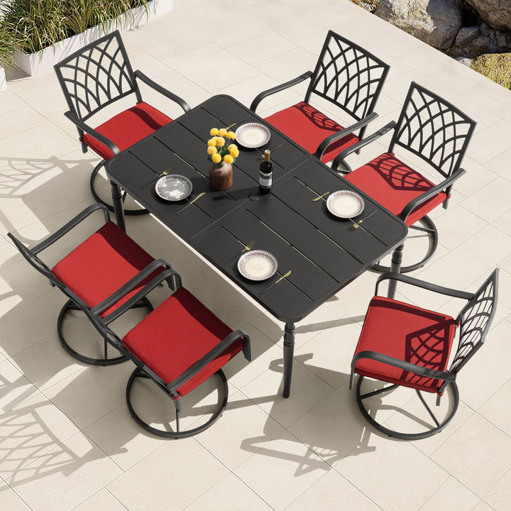 Patio Metal Swivel Dining Set of 7 with Zippered Cushions and Umbrella Hole