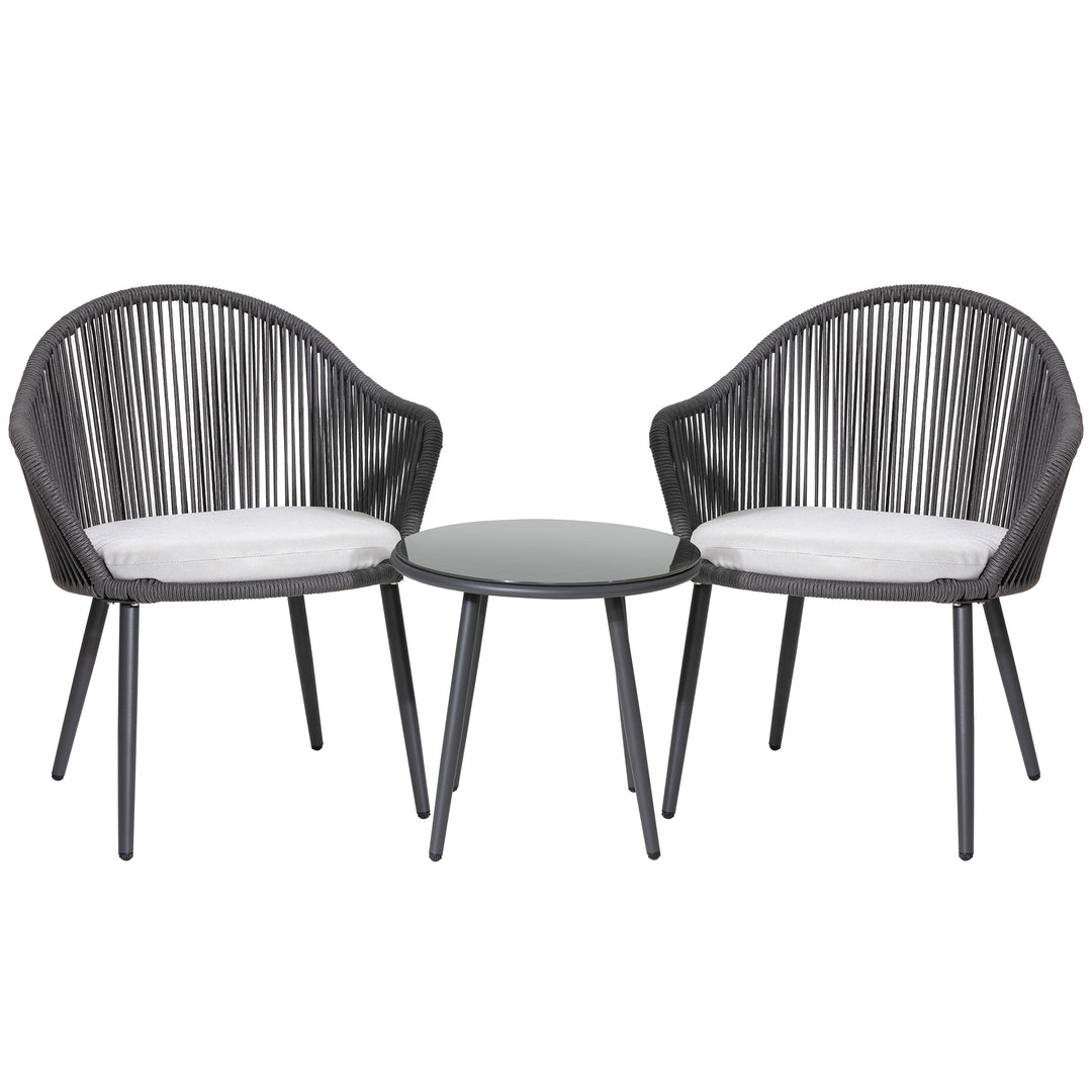 Patio 3-Piece Woven Rope Bistro Set with Light Gray Cushions, Gray
