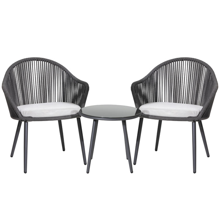Patio 3-Piece Woven Rope Bistro Set with Light Gray Cushions, Gray