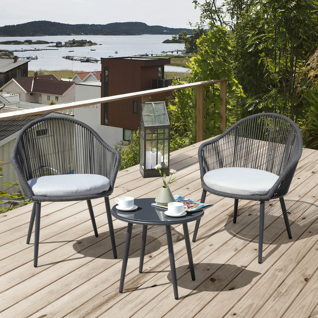 Patio 3-Piece Woven Rope Bistro Set with Light Gray Cushions, Gray