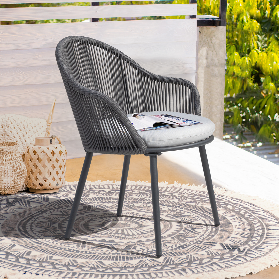 Patio 3-Piece Woven Rope Bistro Set with Light Gray Cushions, Gray