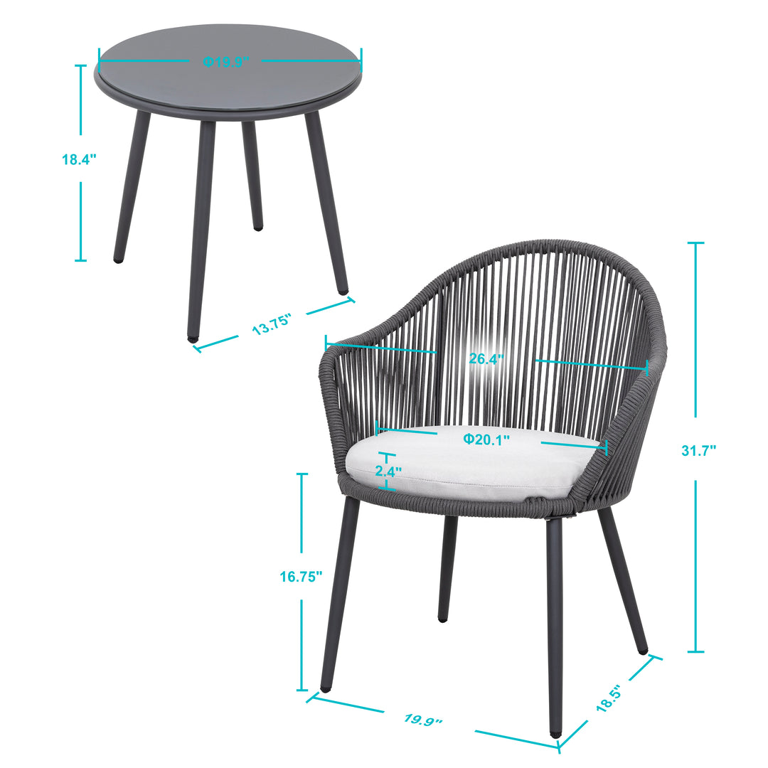 Patio 3-Piece Woven Rope Bistro Set with Light Gray Cushions, Gray