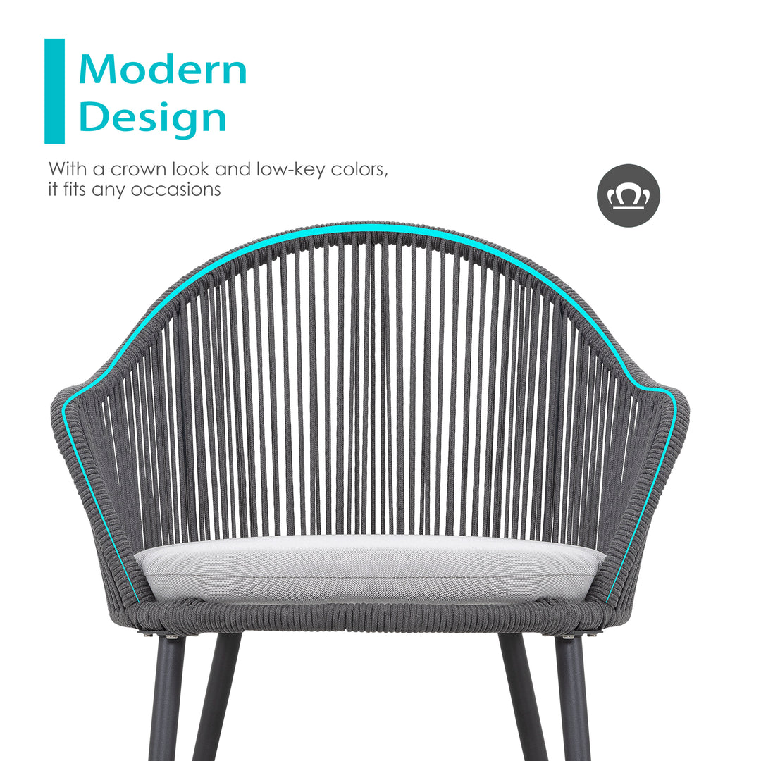 Patio 3-Piece Woven Rope Bistro Set with Light Gray Cushions, Gray