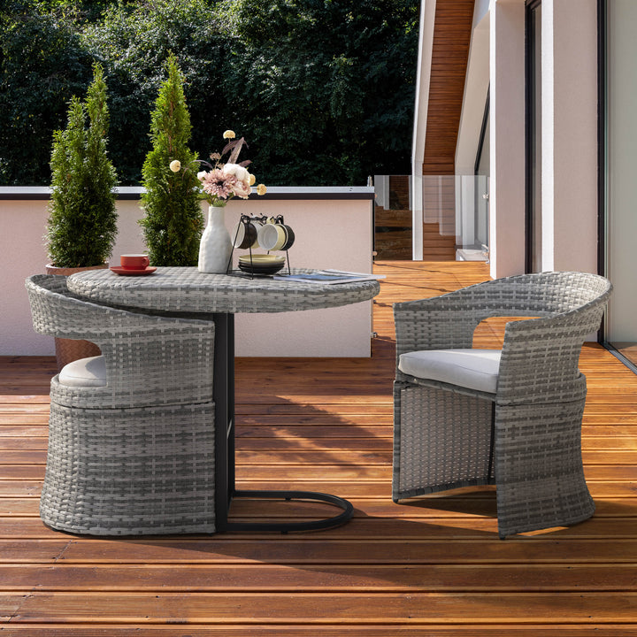 Outdoor Patio 3-Piece Bistro Set, 1 Rattan Iron Patio Table and 2 Rattan Chairs, Weather-Resistant Iron and Rattan Frame, for Indoors and Outdoors, with Soft Cushions, Gray