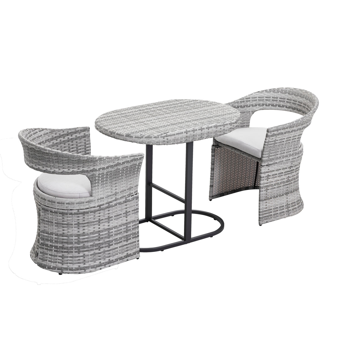 Outdoor Patio 3-Piece Bistro Set, 1 Rattan Iron Patio Table and 2 Rattan Chairs, Weather-Resistant Iron and Rattan Frame, for Indoors and Outdoors, with Soft Cushions, Gray