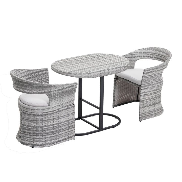 Outdoor Patio 3-Piece Bistro Set, 1 Rattan Iron Patio Table and 2 Rattan Chairs, Weather-Resistant Iron and Rattan Frame, for Indoors and Outdoors, with Soft Cushions, Gray