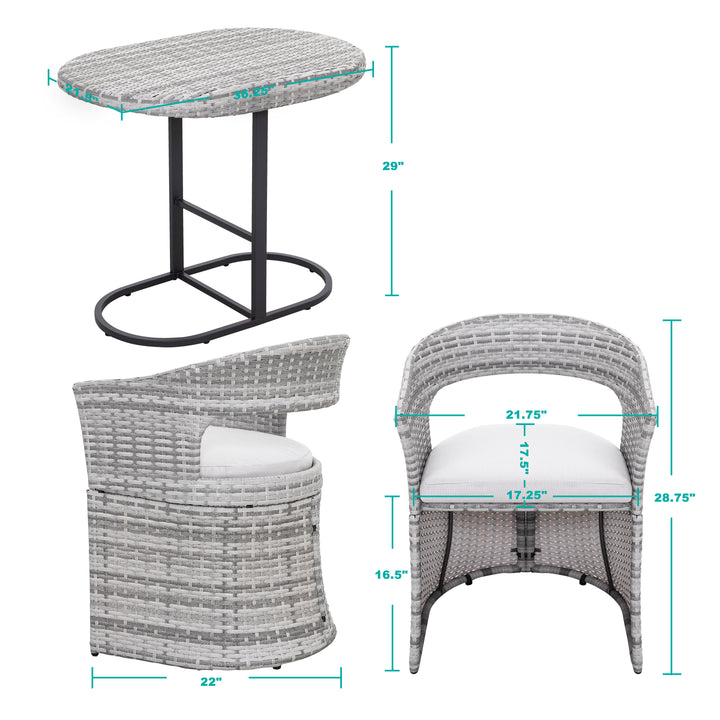 Outdoor Patio 3-Piece Bistro Set, 1 Rattan Iron Patio Table and 2 Rattan Chairs, Weather-Resistant Iron and Rattan Frame, for Indoors and Outdoors, with Soft Cushions, Gray