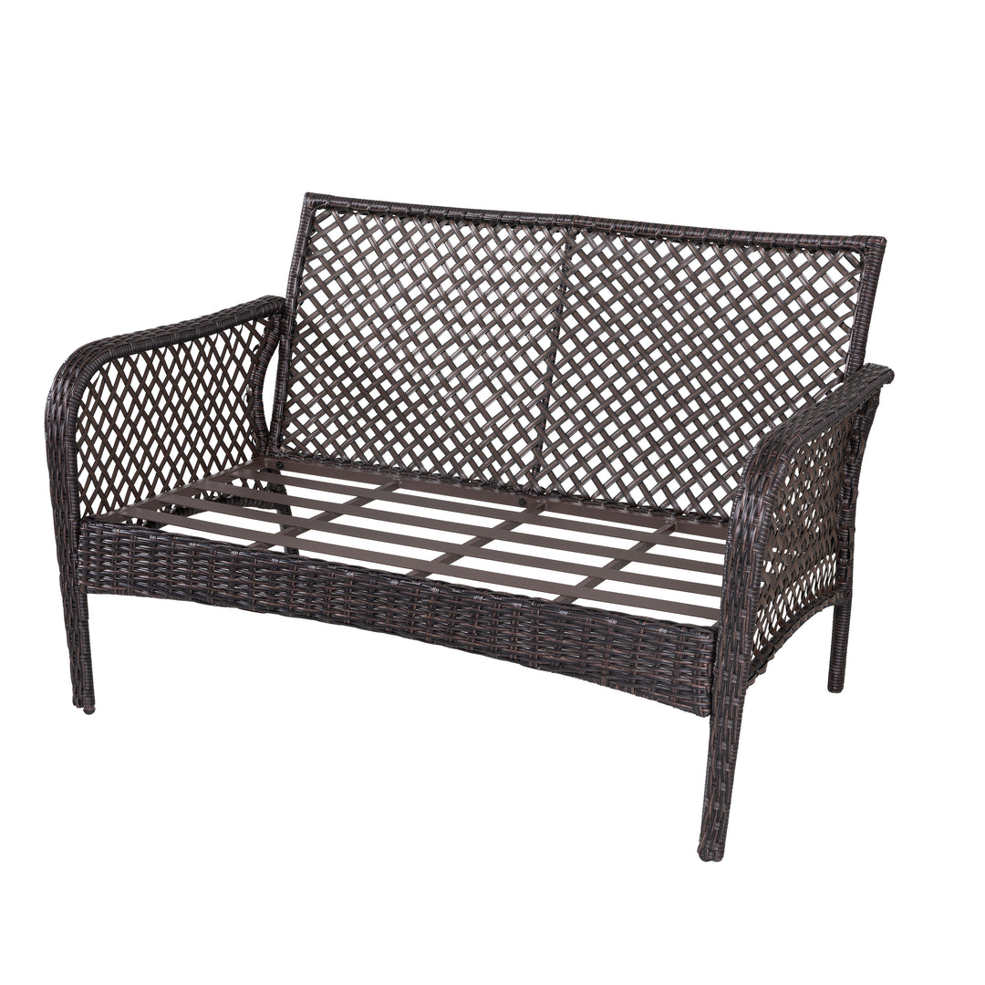 Patio Wicker Sofa Set, 4 Pieces Outdoor Patio Sofa with Table Set, Metal Patio Conversation Set with Removable, Washable Cushions, Brown and Beige