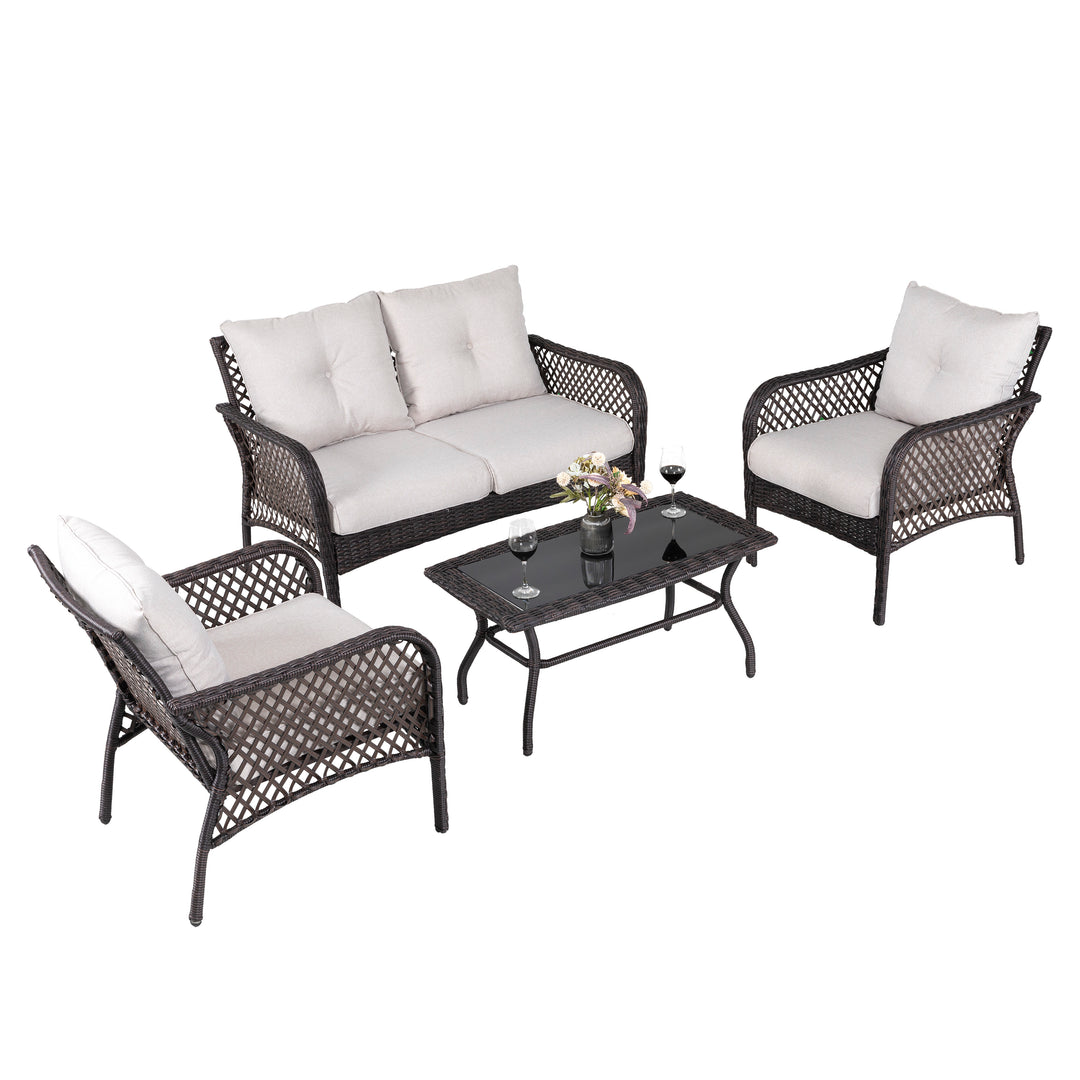 Patio Wicker Sofa Set, 4 Pieces Outdoor Patio Sofa with Table Set, Metal Patio Conversation Set with Removable, Washable Cushions, Brown and Beige