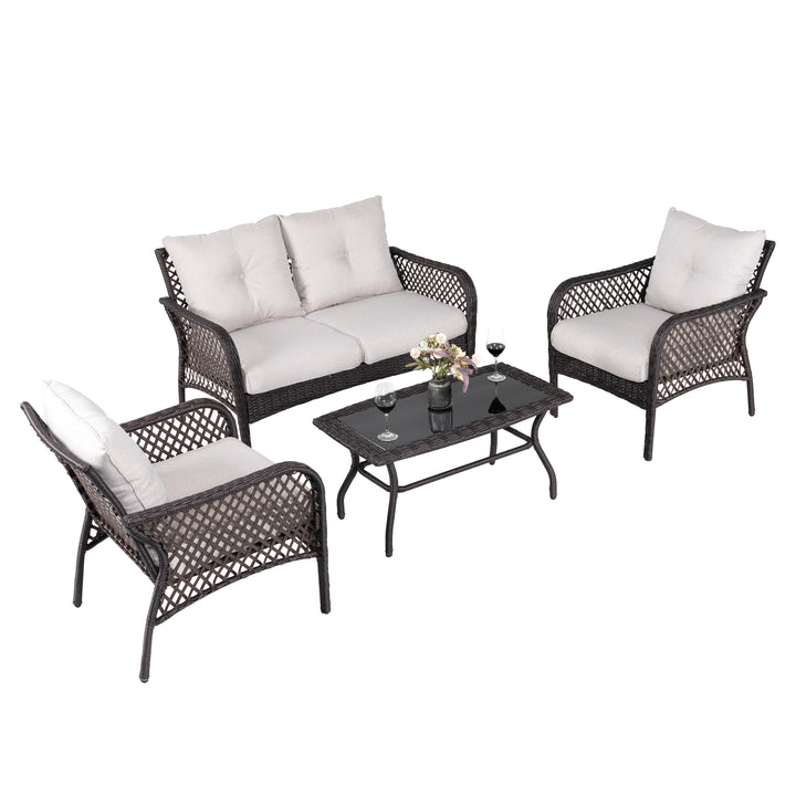 Patio Wicker Sofa Set, 4 Pieces Outdoor Patio Sofa with Table Set, Metal Patio Conversation Set with Removable, Washable Cushions, Brown and Beige