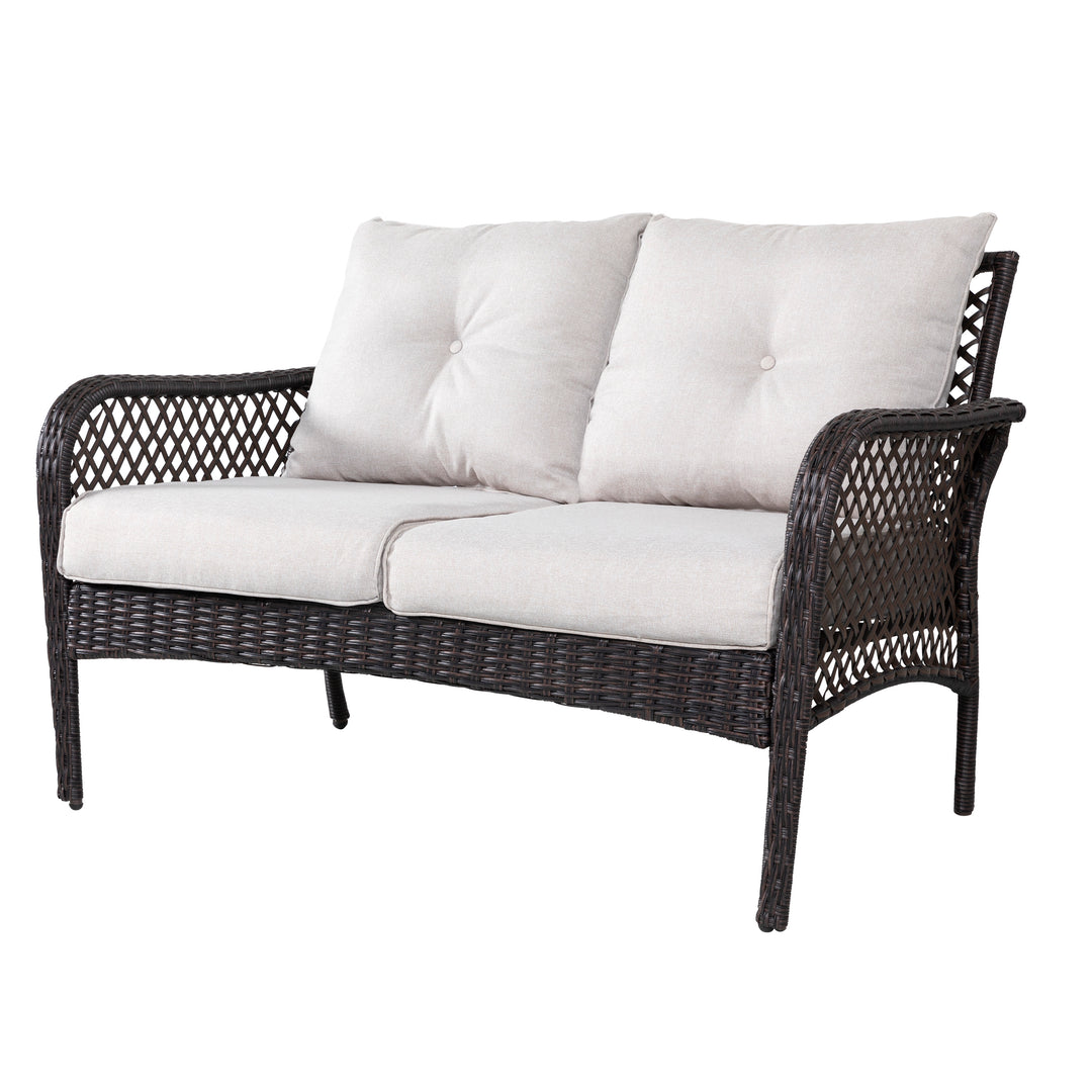 Patio Wicker Sofa Set, 4 Pieces Outdoor Patio Sofa with Table Set, Metal Patio Conversation Set with Removable, Washable Cushions, Brown and Beige