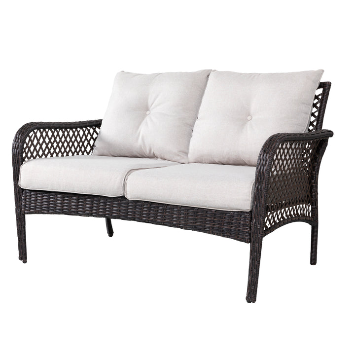Patio Wicker Sofa Set, 4 Pieces Outdoor Patio Sofa with Table Set, Metal Patio Conversation Set with Removable, Washable Cushions, Brown and Beige