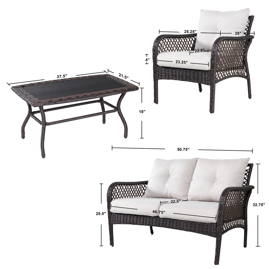 Patio Wicker Sofa Set, 4 Pieces Outdoor Patio Sofa with Table Set, Metal Patio Conversation Set with Removable, Washable Cushions, Brown and Beige