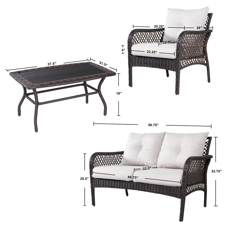 Patio Wicker Sofa Set, 4 Pieces Outdoor Patio Sofa with Table Set, Metal Patio Conversation Set with Removable, Washable Cushions, Brown and Beige