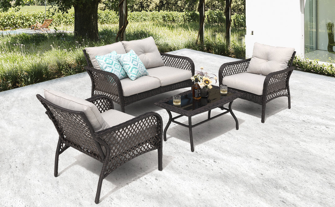 Patio Wicker Sofa Set, 4 Pieces Outdoor Patio Sofa with Table Set, Metal Patio Conversation Set with Removable, Washable Cushions, Brown and Beige