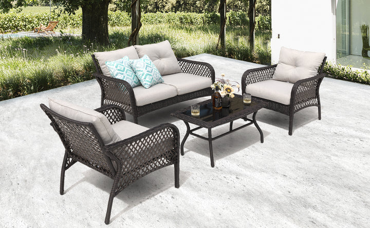 Patio Wicker Sofa Set, 4 Pieces Outdoor Patio Sofa with Table Set, Metal Patio Conversation Set with Removable, Washable Cushions, Brown and Beige