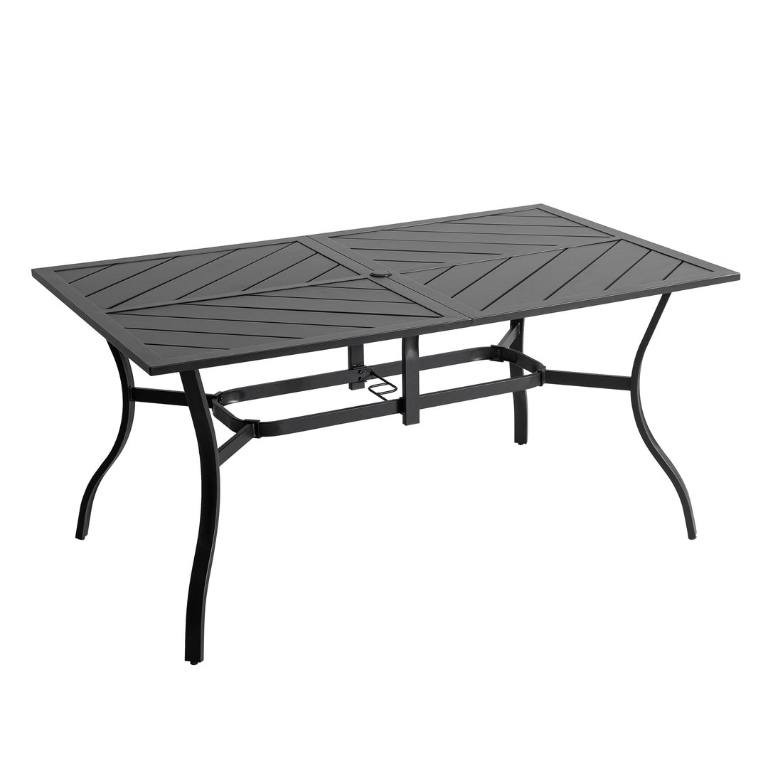 Outdoor Rectangle Dining Table, 61'' x 37'' Splice Tabletop with 1.77'' Umbrella Hole, Powder-coated Iron Frames, for Outdoor or Indoor Space, Patio, Deck, Garden, Backyard, Kitchen, Black