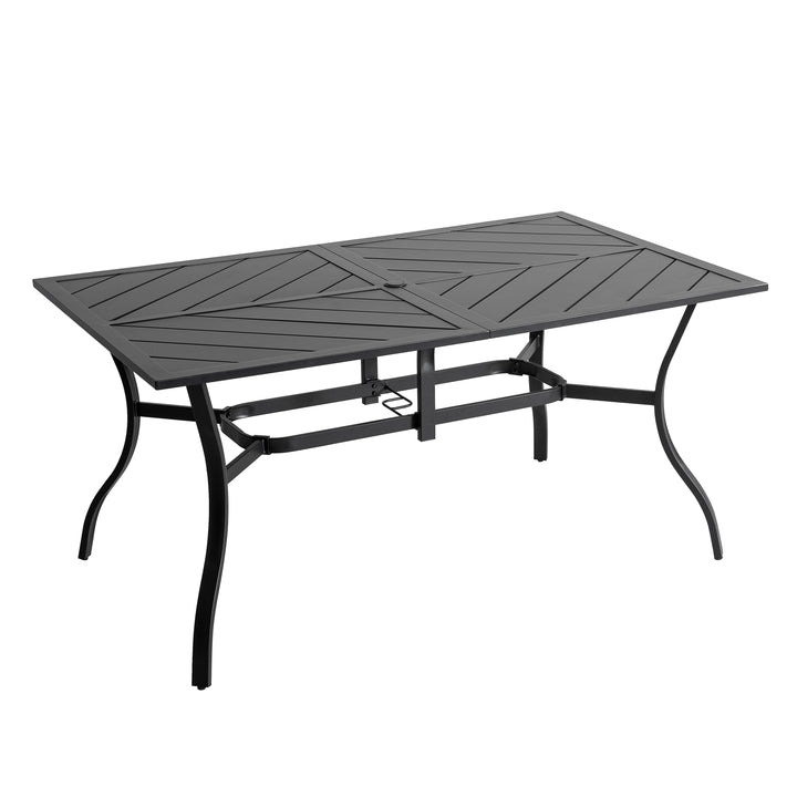 Outdoor Rectangle Dining Table, 61'' x 37'' Splice Tabletop with 1.77'' Umbrella Hole, Powder-coated Iron Frames, for Outdoor or Indoor Space, Patio, Deck, Garden, Backyard, Kitchen, Black
