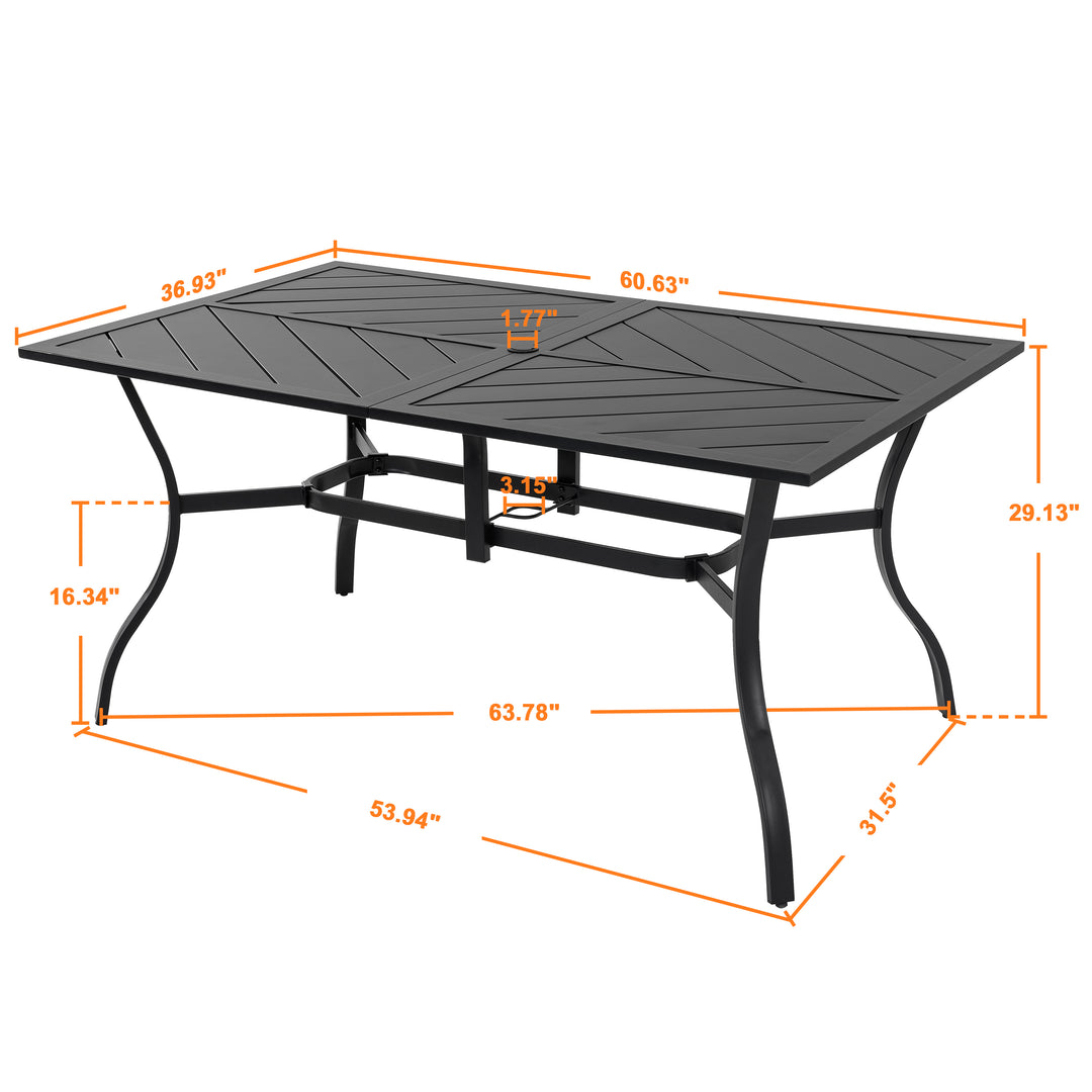 Outdoor Rectangle Dining Table, 61'' x 37'' Splice Tabletop with 1.77'' Umbrella Hole, Powder-coated Iron Frames, for Outdoor or Indoor Space, Patio, Deck, Garden, Backyard, Kitchen, Black