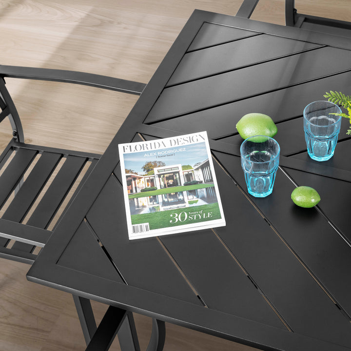 Outdoor Rectangle Dining Table, 61'' x 37'' Splice Tabletop with 1.77'' Umbrella Hole, Powder-coated Iron Frames, for Outdoor or Indoor Space, Patio, Deck, Garden, Backyard, Kitchen, Black