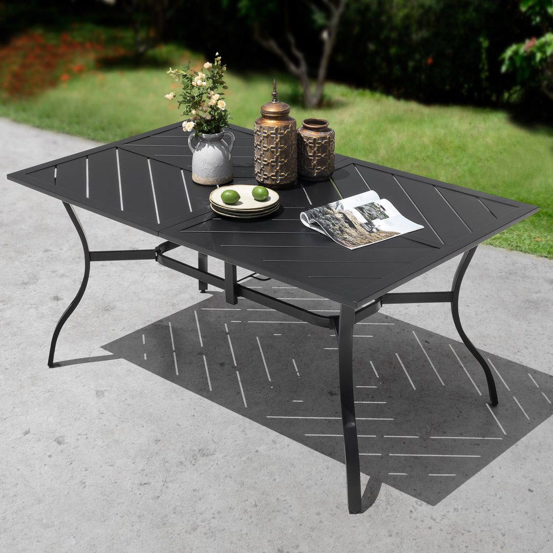 Outdoor Rectangle Dining Table, 61'' x 37'' Splice Tabletop with 1.77'' Umbrella Hole, Powder-coated Iron Frames, for Outdoor or Indoor Space, Patio, Deck, Garden, Backyard, Kitchen, Black