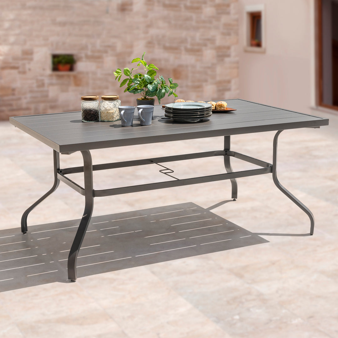 61 Inch Outdoor Rectangular Iron Patio Dining Table with Umbrella Hole
