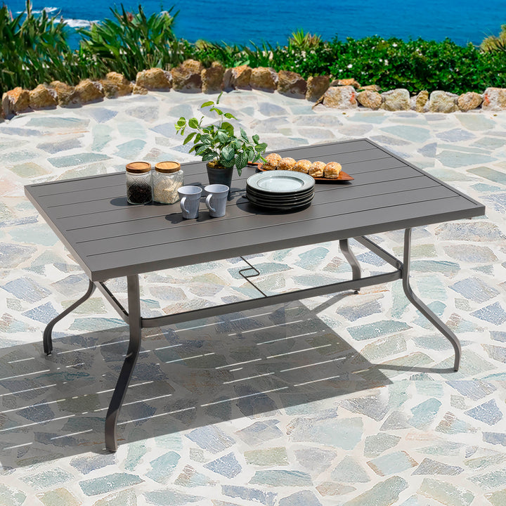 61 Inch Outdoor Rectangular Iron Patio Dining Table with Umbrella Hole