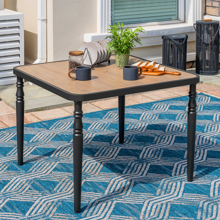 Patio Square Dining Table with Umbrella Hole, Wood-Grain Tabletop