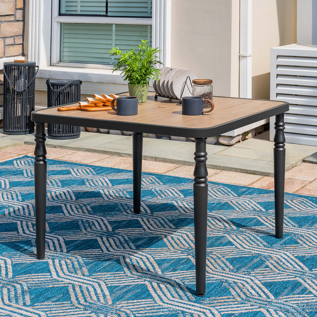 Patio Square Dining Table with Umbrella Hole, Wood-Grain Tabletop