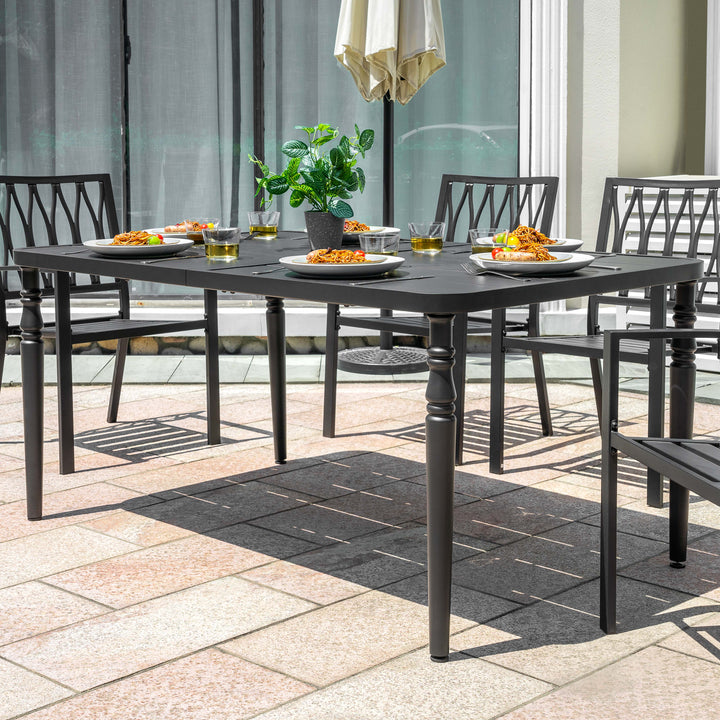 Outdoor Rectangle Powder-Coated Metal Dining Table with Umbrella Hole