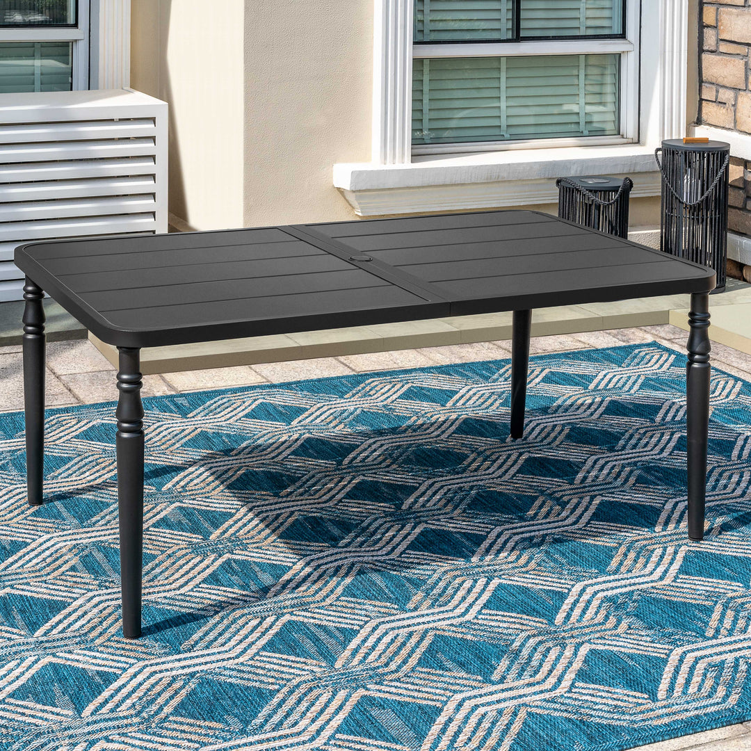 Outdoor Rectangle Powder-Coated Metal Dining Table with Umbrella Hole
