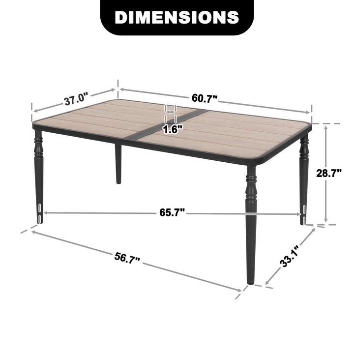 Patio Rectangle Dining Table with Umbrella Hole, Wood-Grain Tabletop