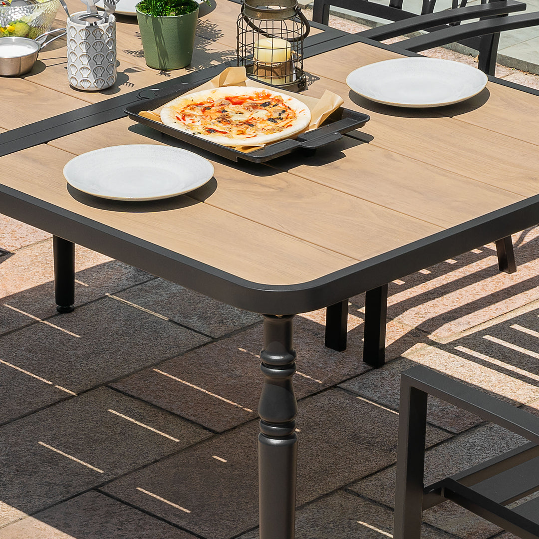 Patio Rectangle Dining Table with Umbrella Hole, Wood-Grain Tabletop