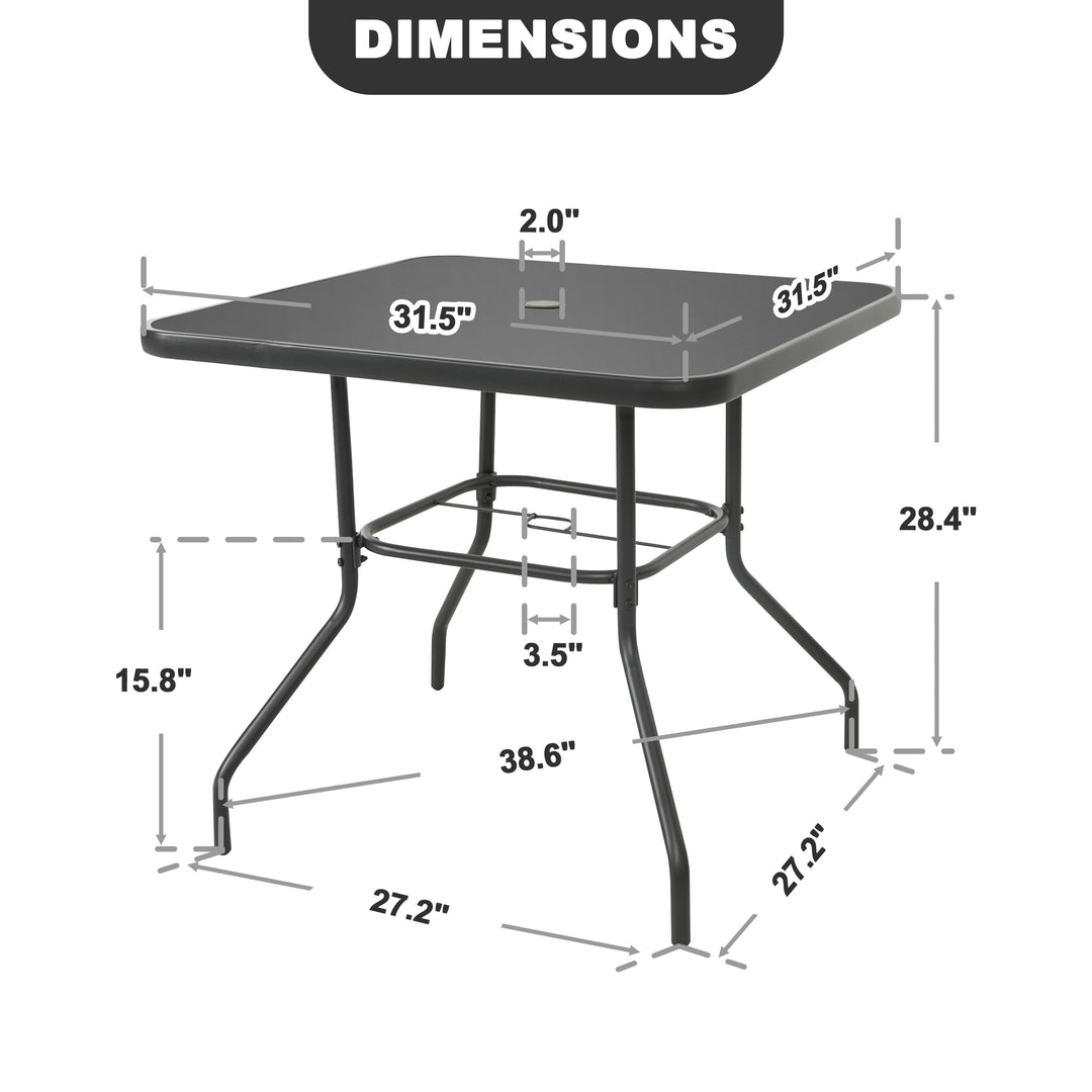 Outdoor Square Metal Dining Table with Tempered Glass Tabletop, Black
