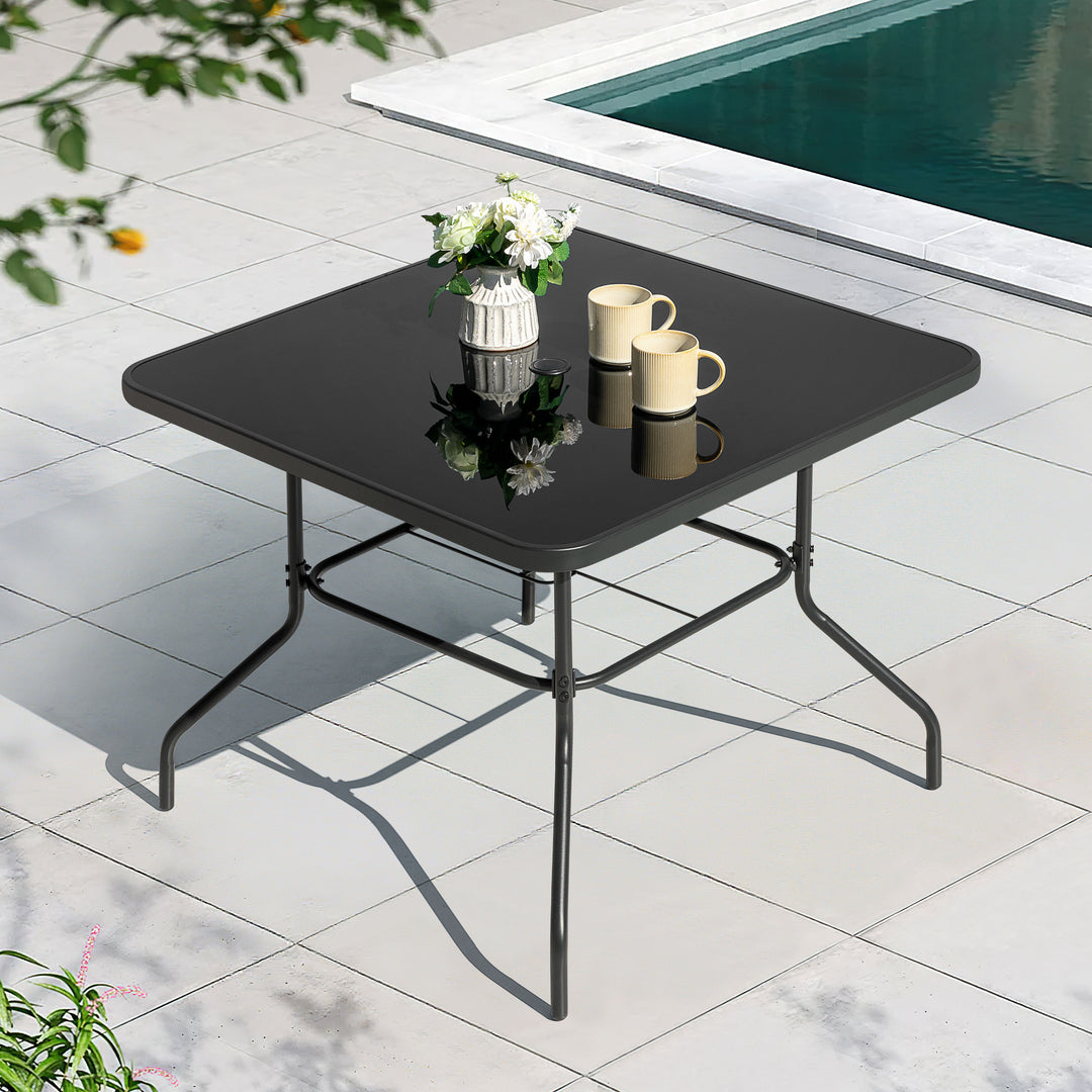Outdoor Square Metal Dining Table with Tempered Glass Tabletop, Black