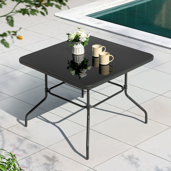 Outdoor Square Metal Dining Table with Tempered Glass Tabletop, Black