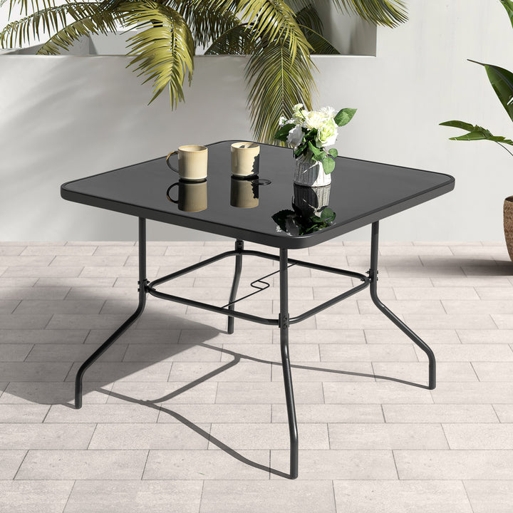 Outdoor Square Metal Dining Table with Tempered Glass Tabletop, Black