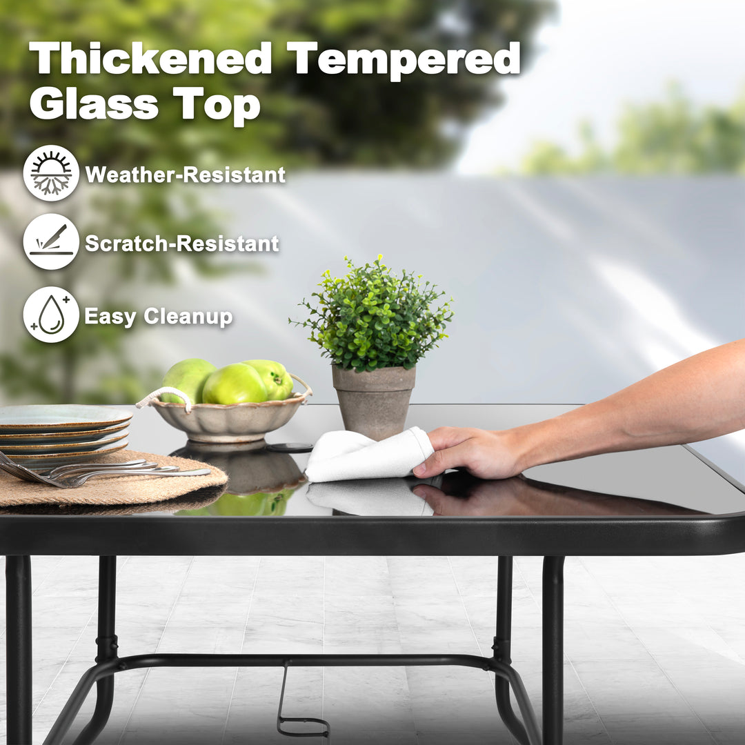 Outdoor Square Metal Dining Table with Tempered Glass Tabletop, Black