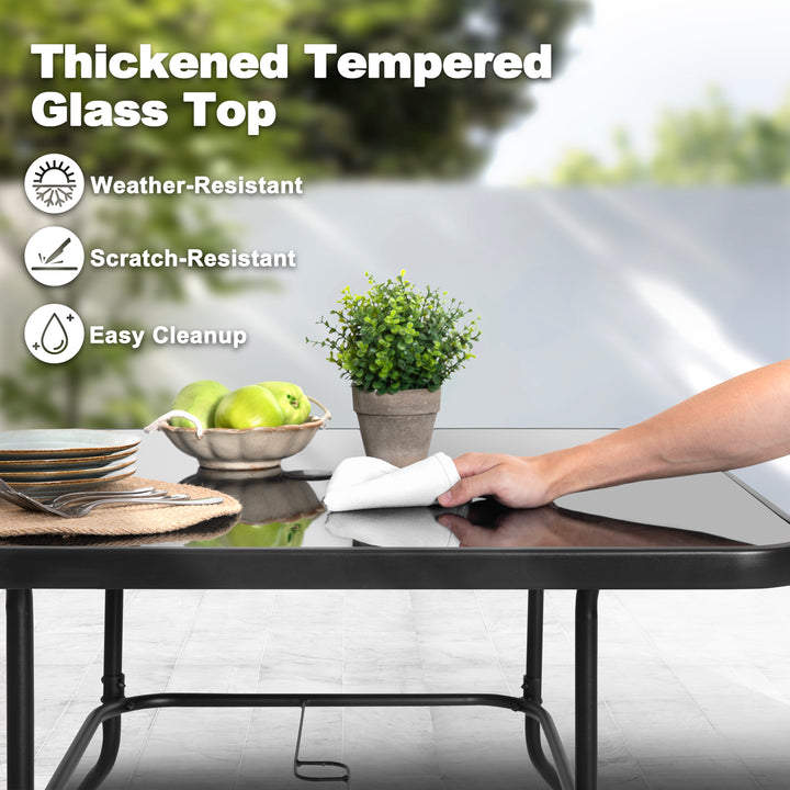 Outdoor Square Metal Dining Table with Tempered Glass Tabletop, Black