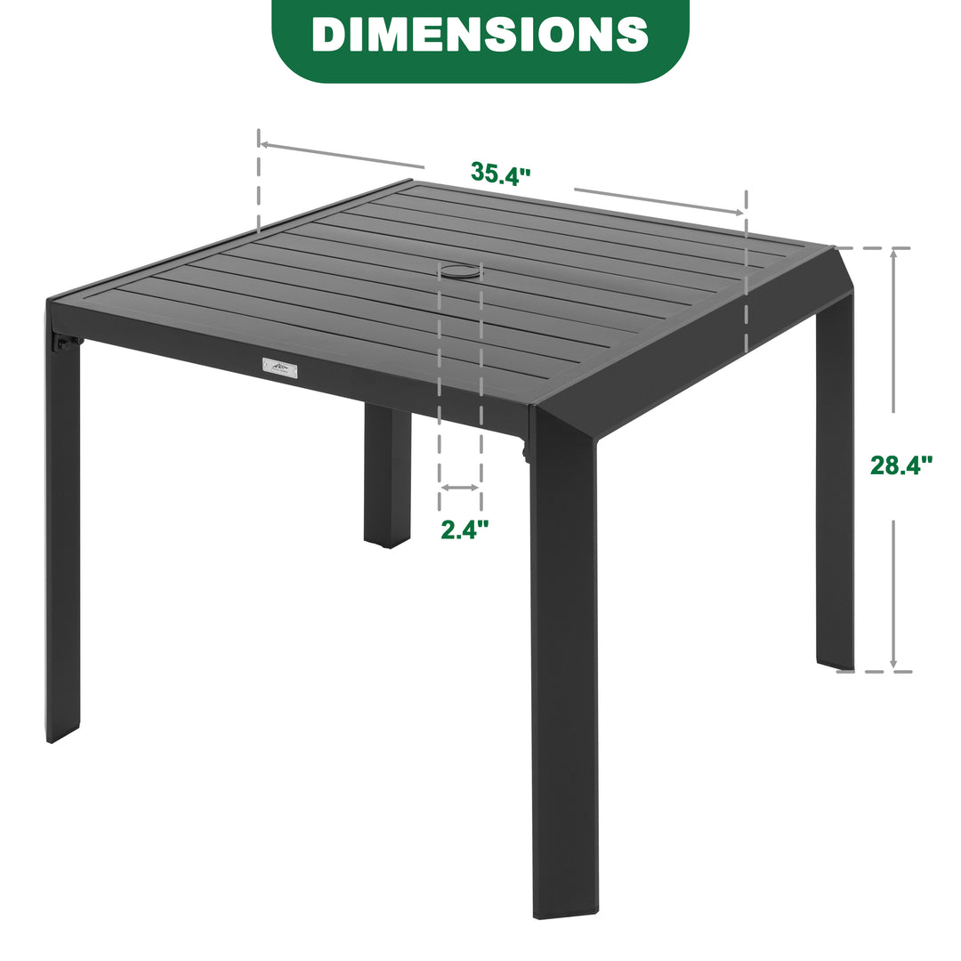 Outdoor Square Aluminum Dining Table with Umbrella Hole, Black