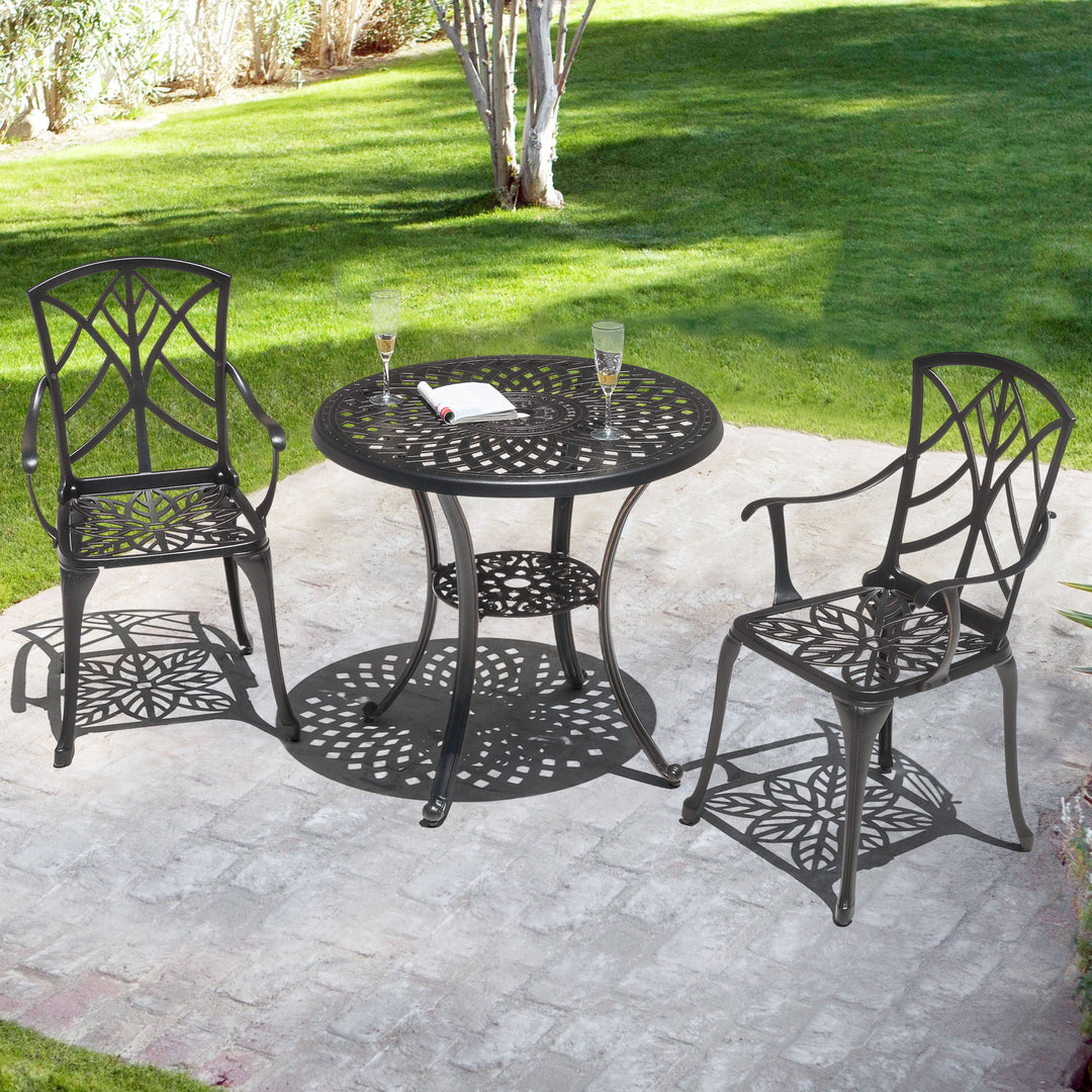 Outdoor 3-Piece Patio Bistro Set, 2 Bistro Chairs and 31 Inch Round Bistro Table with 2.28'' Umbrella Hole, Cast Aluminum Frame, for Outdoor and Indoor Space, Patio, Deck, Garden, Backyard, Balcony, Black with Gold-painted Edge