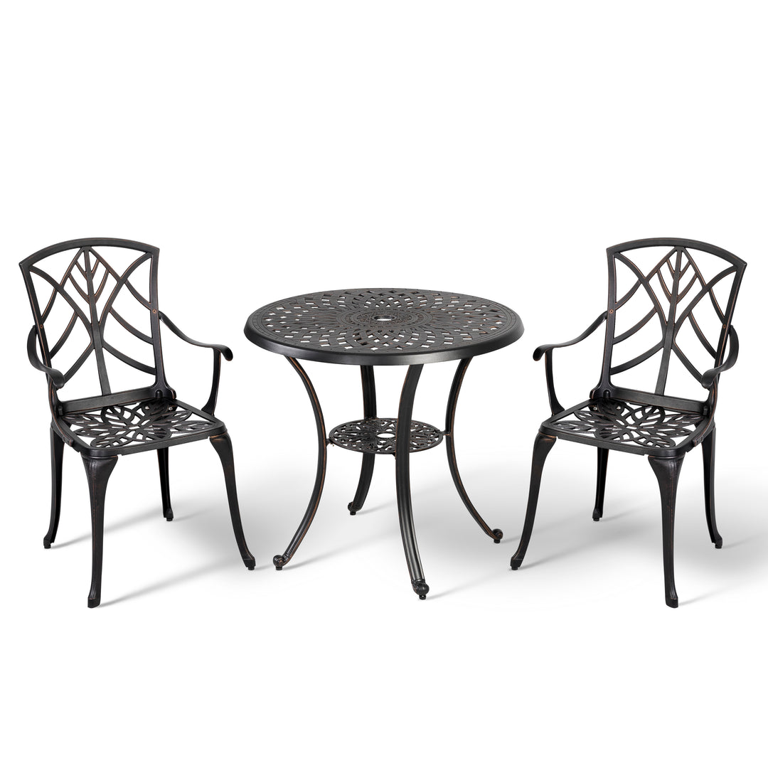 Outdoor 3-Piece Patio Bistro Set, 2 Bistro Chairs and 31 Inch Round Bistro Table with 2.28'' Umbrella Hole, Cast Aluminum Frame, for Outdoor and Indoor Space, Patio, Deck, Garden, Backyard, Balcony, Black with Gold-painted Edge