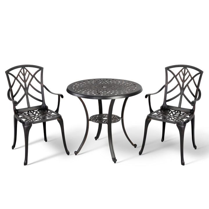 Outdoor 3-Piece Patio Bistro Set, 2 Bistro Chairs and 31 Inch Round Bistro Table with 2.28'' Umbrella Hole, Cast Aluminum Frame, for Outdoor and Indoor Space, Patio, Deck, Garden, Backyard, Balcony, Black with Gold-painted Edge